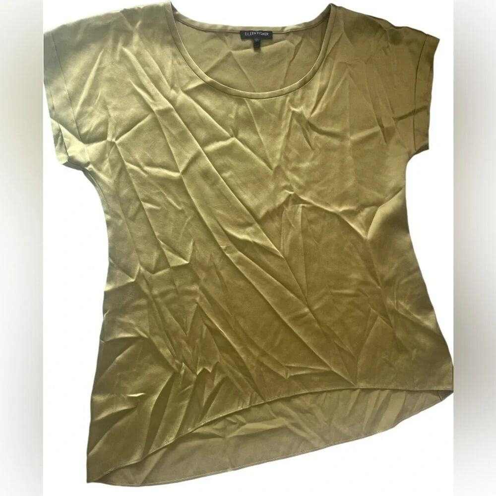 Eileen Fisher oversized silk blend short sleeve green top, size XS